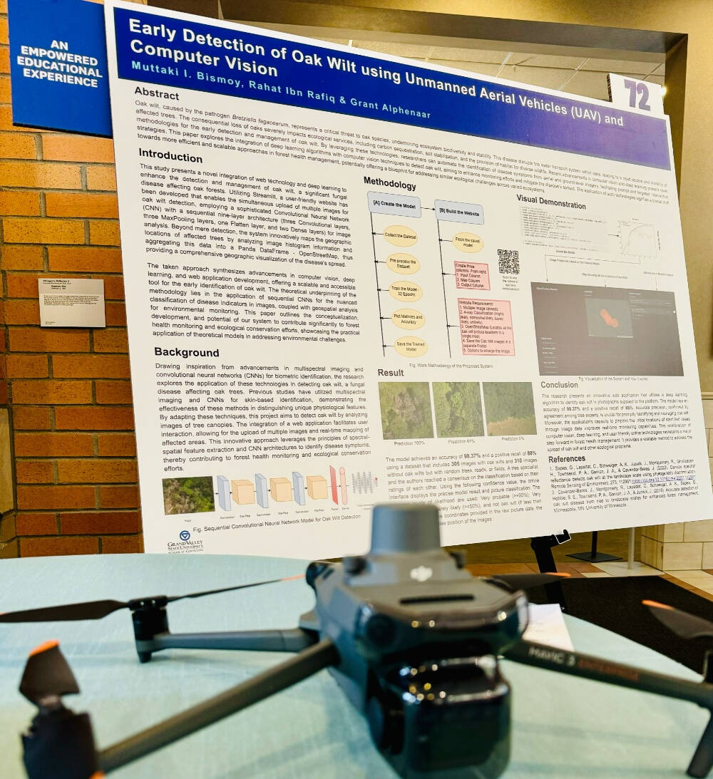 Research poster titled “Early Detection of Oak Wilt using Unmanned Aerial Vehicles (UAV) and Computer Vision” by Muttaki I. Bismoy, Rahat Ibn Rafiq, and Grant Alphenaer on display at an academic event. A drone (DJI Mavic 3) is positioned in the for...